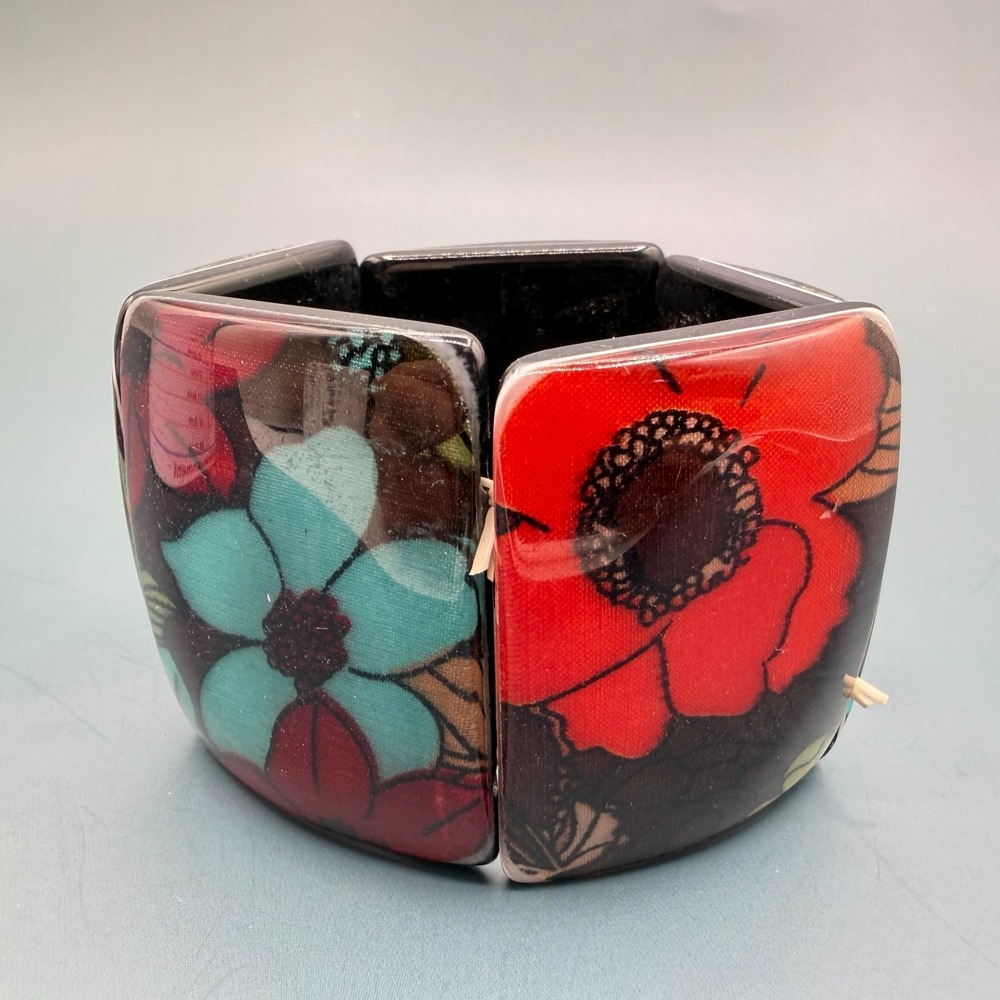 Floral Resin Stretch Bracelet in Red & Teal